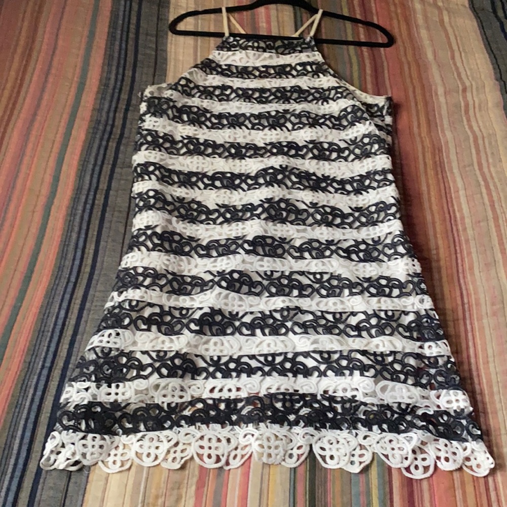 Black and white striped dress.